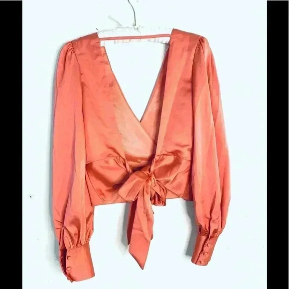 NWT Lulu’s Reserve a Table Rusty Rose Satin Tie-Back Long Sleeve Top Size Small - Picture 4 of 5
